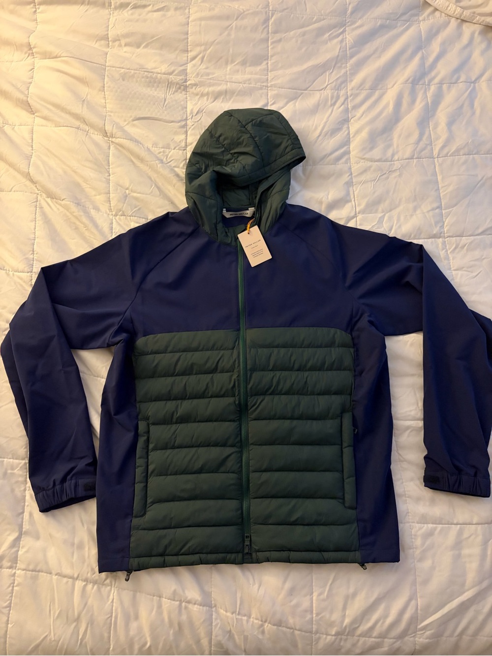 Peter Millar Apex Hybrid Hoodie Jacket | Green & Navy Blue | Mens Medium | New